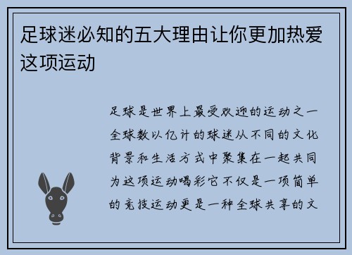 足球迷必知的五大理由让你更加热爱这项运动